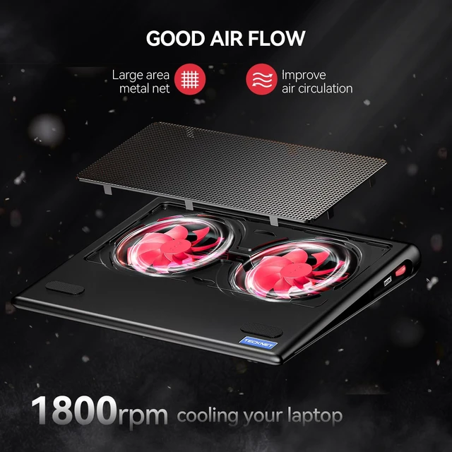 Alt view image 6 of 7 - Laptop Cooling Pad - 12"-15.6" Laptop Cooler with Quiet Cooling Fan USB-A & USB-C Powered Cooling Stand with Adjustable Wind Speeds for Gaming, Work & Everyday Computing, Red LED
