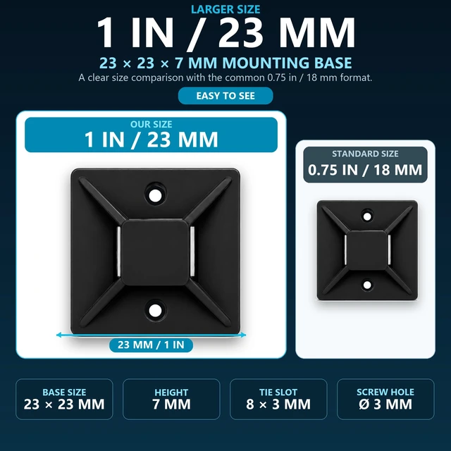Alt view image 2 of 7 - 1" BLACK 500pcs Adhesive Cable Tie Mounts Strong Sticky Back Nylon Wire Holders for Cable Management in Home, Office, Car & Christmas Lights