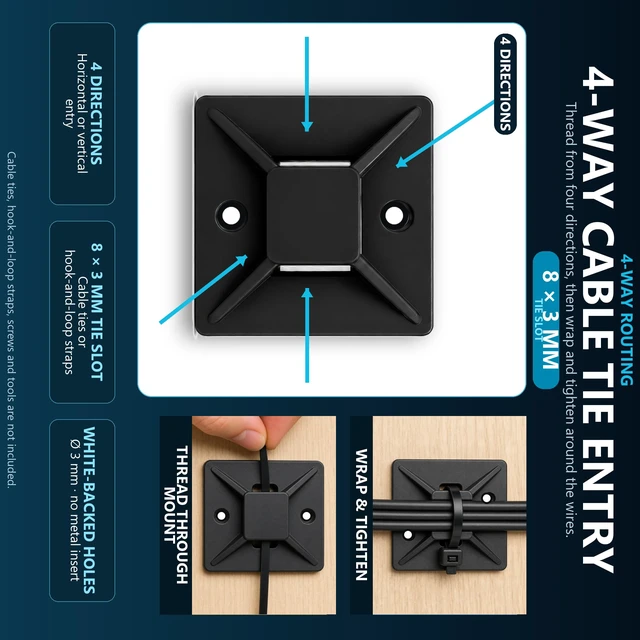 Alt view image 3 of 7 - 1" BLACK 500pcs Adhesive Cable Tie Mounts Strong Sticky Back Nylon Wire Holders for Cable Management in Home, Office, Car & Christmas Lights