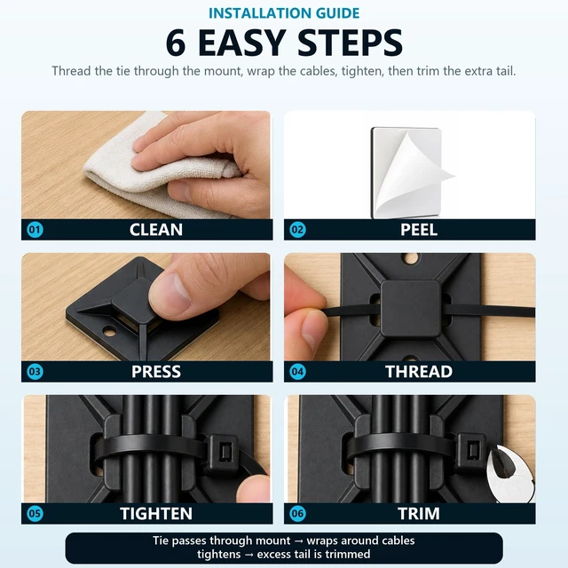 Alt view image 5 of 7 - 1" BLACK 500pcs Adhesive Cable Tie Mounts Strong Sticky Back Nylon Wire Holders for Cable Management in Home, Office, Car & Christmas Lights
