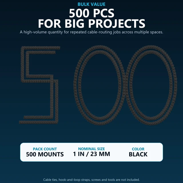 Alt view image 7 of 7 - 1" BLACK 500pcs Adhesive Cable Tie Mounts Strong Sticky Back Nylon Wire Holders for Cable Management in Home, Office, Car & Christmas Lights