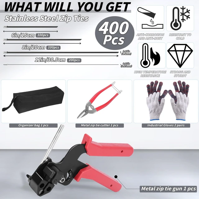 Alt view image 2 of 7 - 400PCS Metal Zip Ties Gun Kit, 6/8/12 Inch Heavy Duty Metal Zip Ties, Multi-Purpose Self-Locking Cable Tie Tool Set for Vehicles Farms Plants Fences Pipe Bundling, Scissors