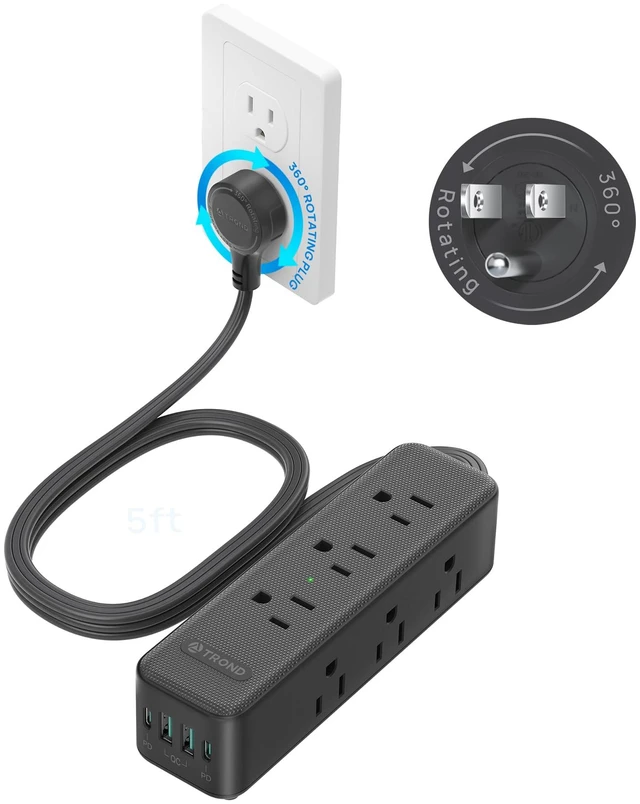 Main image of 360° Rotating Flat Plug Power Strip 5ft with USB PD 20W, 9 AC, Black Flat Extension Cord Surge Protector 1300J, 1625W, Wall Mountable, for Home Office Travel Dorm Room Essentials