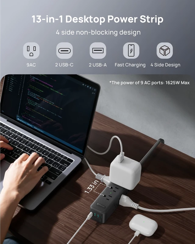 Alt view image 4 of 7 - 360° Rotating Flat Plug Power Strip 5ft with USB PD 20W, 9 AC, Black Flat Extension Cord Surge Protector 1300J, 1625W, Wall Mountable, for Home Office Travel Dorm Room Essentials