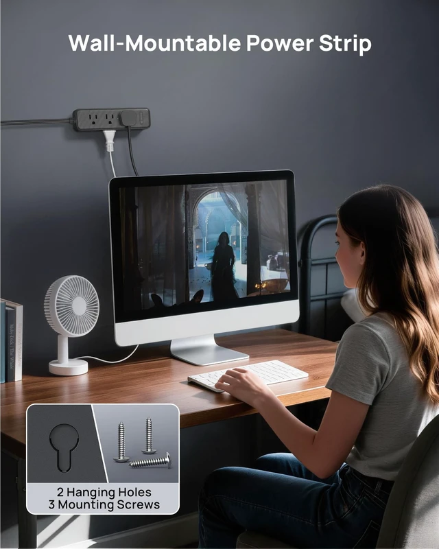 Alt view image 7 of 7 - 360° Rotating Flat Plug Power Strip 5ft with USB PD 20W, 9 AC, Black Flat Extension Cord Surge Protector 1300J, 1625W, Wall Mountable, for Home Office Travel Dorm Room Essentials