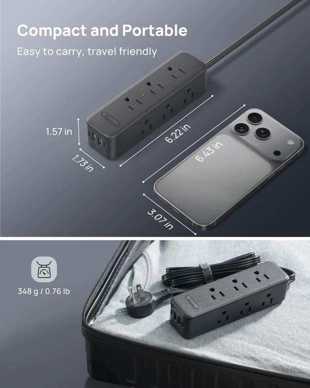 Alt view image 6 of 7 - 360° Rotating Flat Plug Power Strip 5ft with USB PD 20W, 9 AC, Black Flat Extension Cord Surge Protector 1300J, 1625W, Wall Mountable, for Home Office Travel Dorm Room Essentials