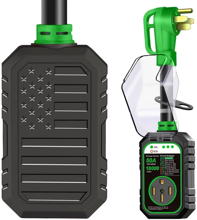 Main image of 18000J 50Amp RV Surge Protector 50 Amp Flag Design - Upgraded Power Surges Voltage Protection Circuit Analyzer IP68 Waterproof Cover for 50A RVS Camper Trailer Must Haves (50Amp, Green)