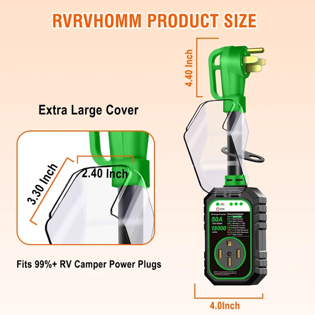 Alt view image 3 of 7 - 18000J 50Amp RV Surge Protector 50 Amp Flag Design - Upgraded Power Surges Voltage Protection Circuit Analyzer IP68 Waterproof Cover for 50A RVS Camper Trailer Must Haves (50Amp, Green)