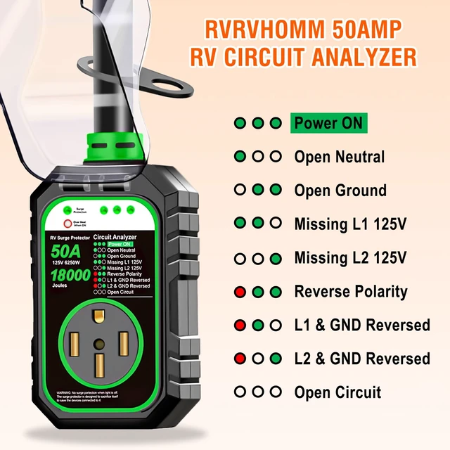 Alt view image 7 of 7 - 18000J 50Amp RV Surge Protector 50 Amp Flag Design - Upgraded Power Surges Voltage Protection Circuit Analyzer IP68 Waterproof Cover for 50A RVS Camper Trailer Must Haves (50Amp, Green)