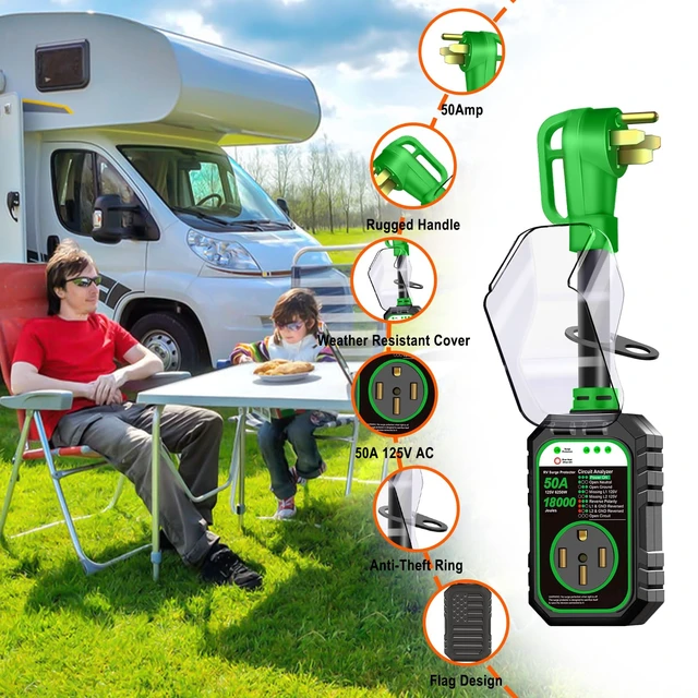 Alt view image 6 of 7 - 18000J 50Amp RV Surge Protector 50 Amp Flag Design - Upgraded Power Surges Voltage Protection Circuit Analyzer IP68 Waterproof Cover for 50A RVS Camper Trailer Must Haves (50Amp, Green)
