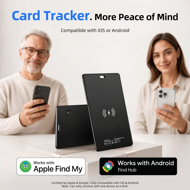Alt view image 2 of 7 - Wallet Tracker Card, Works with Apple Find My or Google Find Hub MFi certified. Works with Android. Qi charging. 85dB+ sound. Separation alerts. Wallet & passport fit. Great gift idea