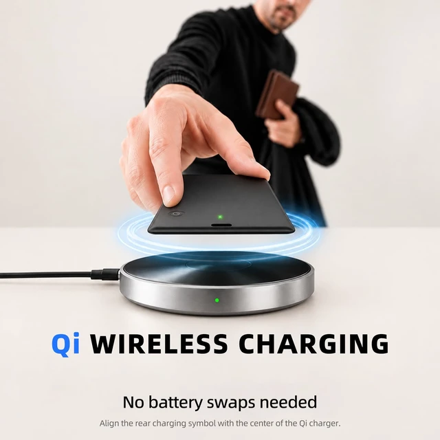 Alt view image 5 of 7 - Wallet Tracker Card, Works with Apple Find My or Google Find Hub MFi certified. Works with Android. Qi charging. 85dB+ sound. Separation alerts. Wallet & passport fit. Great gift idea
