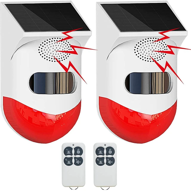 Main image of Solar Outdoor Motion Sensor Alarm 2 Adjustable Activated Waterproof 120dB Loud Sound Strobe Light Security Siren Alarm 4 Working Mode for Home,Garden,Yard 2PC