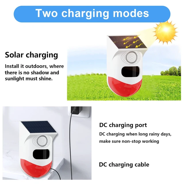 Alt view image 5 of 7 - Solar Outdoor Motion Sensor Alarm 2 Adjustable Activated Waterproof 120dB Loud Sound Strobe Light Security Siren Alarm Easy Set up Remote Control 4 Working Mode for Home,Garden,Yard