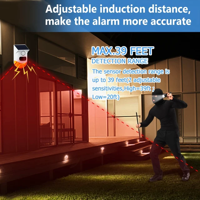 Alt view image 3 of 7 - Solar Outdoor Motion Sensor Alarm 2 Adjustable Activated Waterproof 120dB Loud Sound Strobe Light Security Siren Alarm 4 Working Mode for Home,Garden,Yard 2PC