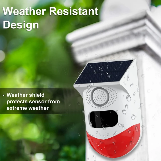 Alt view image 7 of 7 - Solar Outdoor Motion Sensor Alarm 2 Adjustable Activated Waterproof 120dB Loud Sound Strobe Light Security Siren Alarm 4 Working Mode for Home,Garden,Yard 2PC