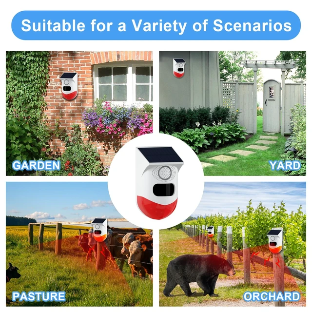 Alt view image 6 of 7 - Solar Outdoor Motion Sensor Alarm 2 Adjustable Activated Waterproof 120dB Loud Sound Strobe Light Security Siren Alarm 4 Working Mode for Home,Garden,Yard 2PC
