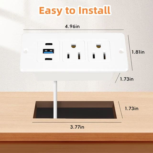 Alt view image 2 of 7 - Recessed Power Strip, 20W USB-C Furniture Outlet, White, 3FT 2 AC + 3 USB (2 USB-C, 1 USB-A), Flush Mount, Space-Saving, Easy Install, For Desk, Bedside, Drawer, Conference Table