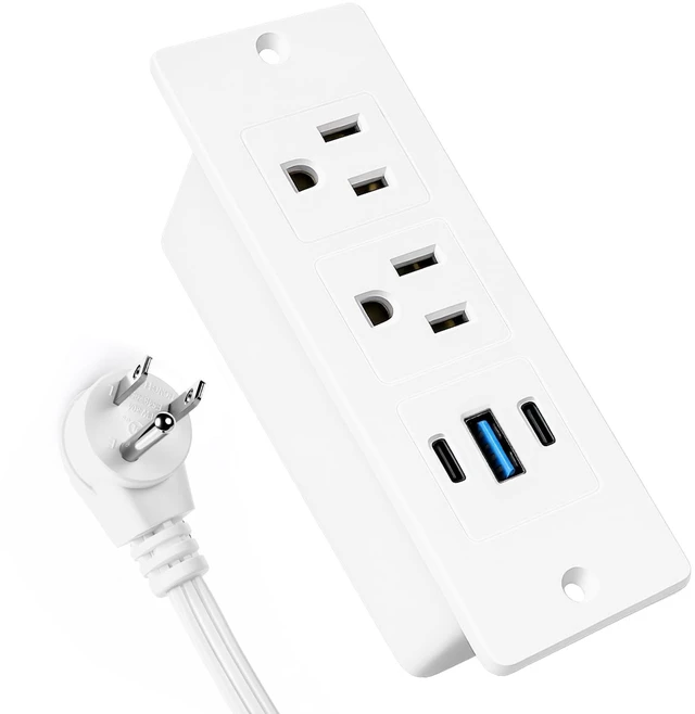 Main image of Recessed Power Strip, 20W USB-C Furniture Outlet, White, 3FT 2 AC + 3 USB (2 USB-C, 1 USB-A), Flush Mount, Space-Saving, Easy Install, For Desk, Bedside, Drawer, Conference Table