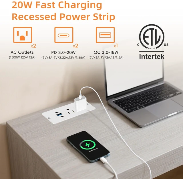 Alt view image 3 of 7 - Recessed Power Strip, 20W USB-C Furniture Outlet, White, 3FT 2 AC + 3 USB (2 USB-C, 1 USB-A), Flush Mount, Space-Saving, Easy Install, For Desk, Bedside, Drawer, Conference Table