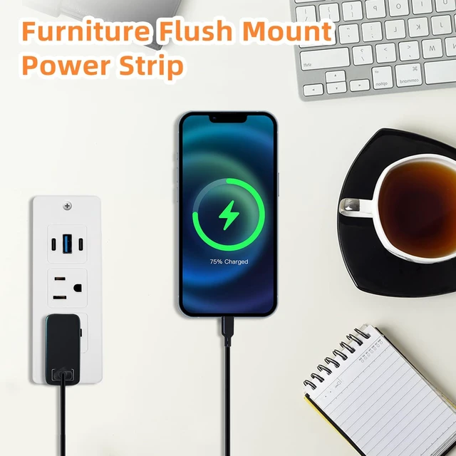 Alt view image 5 of 7 - Recessed Power Strip, 20W USB-C Furniture Outlet, White, 3FT 2 AC + 3 USB (2 USB-C, 1 USB-A), Flush Mount, Space-Saving, Easy Install, For Desk, Bedside, Drawer, Conference Table