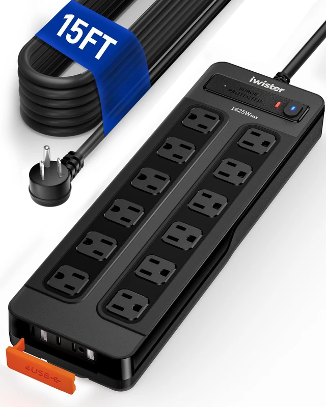 Main image of Power Strip 1800J Surge Protector,Outlet Extender,12AC Outdoor Weatherproof 1625W/13A 1800J 15FT Heavy Duty Extension Cord with Multiple Outlets Wall-Mountable for Home Office, Dorm&Gaming&Living Room