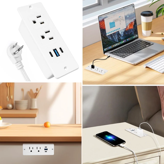 Alt view image 7 of 7 - Recessed Power Strip, 20W USB-C Furniture Outlet, White, 3FT 2 AC + 3 USB (2 USB-C, 1 USB-A), Flush Mount, Space-Saving, Easy Install, For Desk, Bedside, Drawer, Conference Table