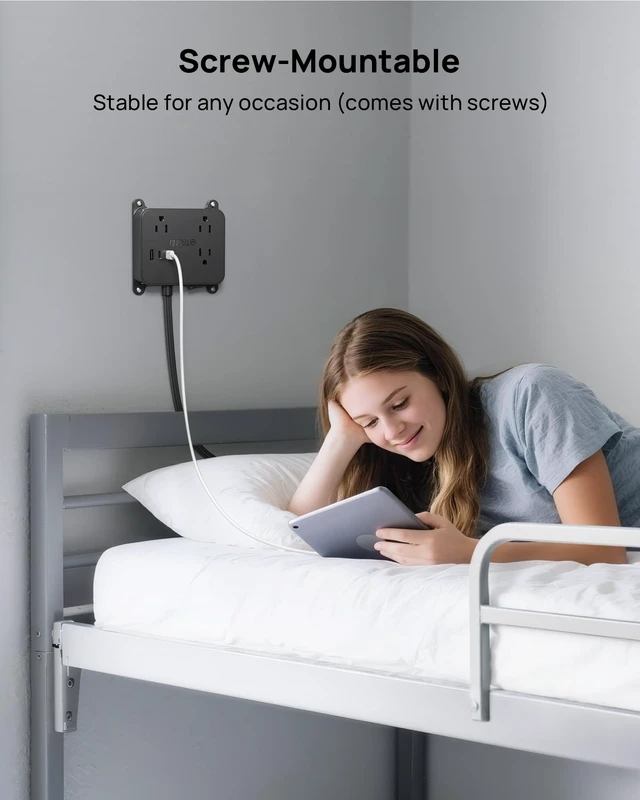 Alt view image 4 of 7 - Ultra Thin Flat Extension Cord, 5 FT Flat Plug Power Strip with 3 USB 3 AC Outlets Desktop Charging Station, Wall Mount Low Profile Power Strip for Home, Bedroom, Dorm Room Essentials