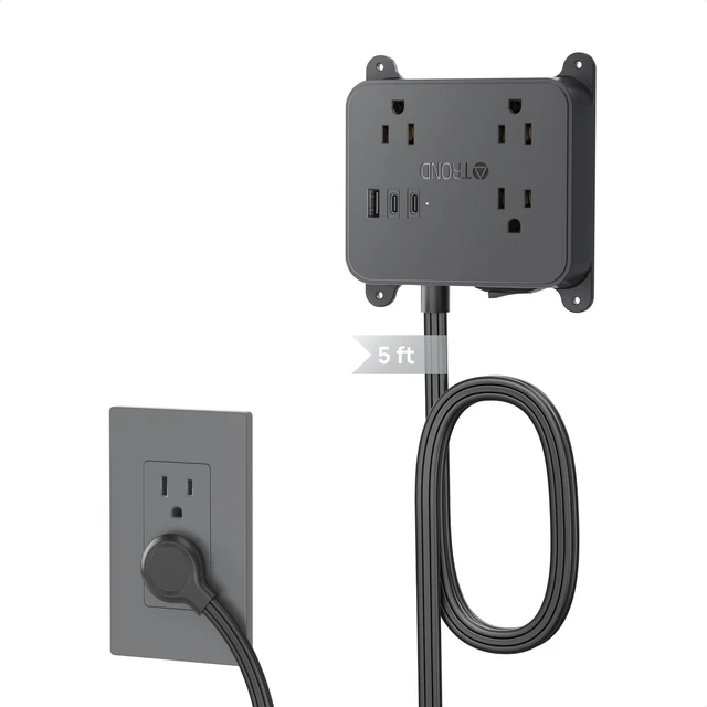 Main image of Ultra Thin Flat Extension Cord, 5 FT Flat Plug Power Strip with 3 USB 3 AC Outlets Desktop Charging Station, Wall Mount Low Profile Power Strip for Home, Bedroom, Dorm Room Essentials