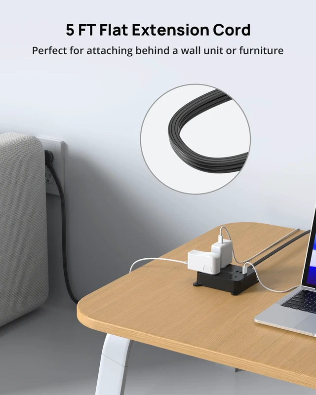 Alt view image 7 of 7 - Ultra Thin Flat Extension Cord, 5 FT Flat Plug Power Strip with 3 USB 3 AC Outlets Desktop Charging Station, Wall Mount Low Profile Power Strip for Home, Bedroom, Dorm Room Essentials