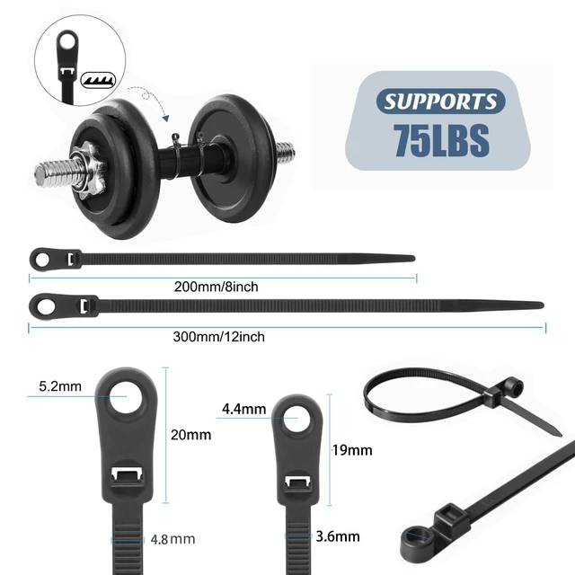 Alt view image 2 of 6 - 12 inch Black Zip Ties With Screw Hole,Heavy Duty Cable Ties for Cords 75 lbs Mountable head Zip Tie Screw Mount,Zip Wall Wire Ties for Indoor and Outdoor Use (200, 12 IN)