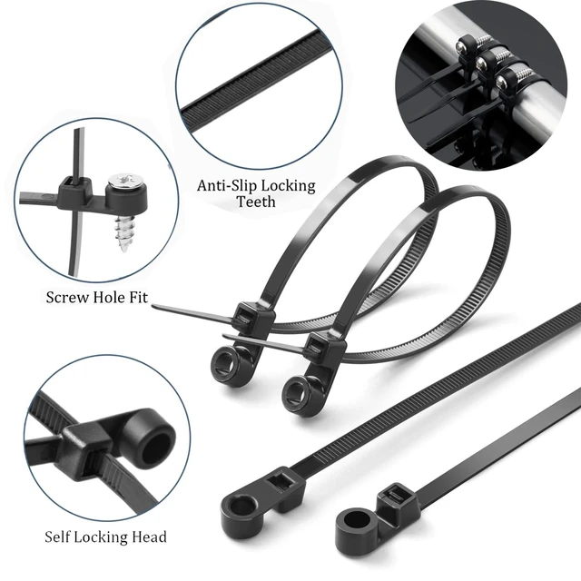 Alt view image 3 of 6 - 12 inch Black Zip Ties With Screw Hole,Heavy Duty Cable Ties for Cords 75 lbs Mountable head Zip Tie Screw Mount,Zip Wall Wire Ties for Indoor and Outdoor Use (200, 12 IN)