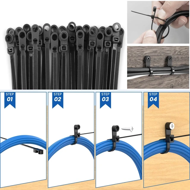 Alt view image 4 of 6 - 12 inch Black Zip Ties With Screw Hole,Heavy Duty Cable Ties for Cords 75 lbs Mountable head Zip Tie Screw Mount,Zip Wall Wire Ties for Indoor and Outdoor Use (200, 12 IN)