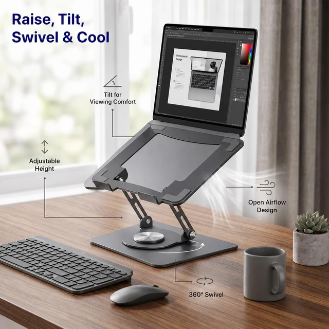 Alt view image 2 of 7 - Swivel Laptop Stand for Desk, 360 Riser, Graphite Gray Height and tilt both adjust, works as a computer and tablet stand for home office, dorm and shared workspaces