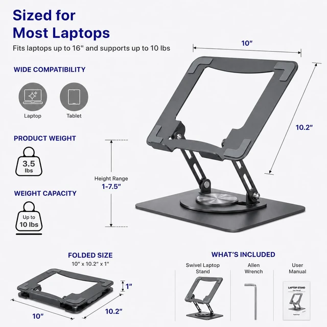 Alt view image 5 of 7 - Swivel Laptop Stand for Desk, 360 Riser, Graphite Gray Height and tilt both adjust, works as a computer and tablet stand for home office, dorm and shared workspaces
