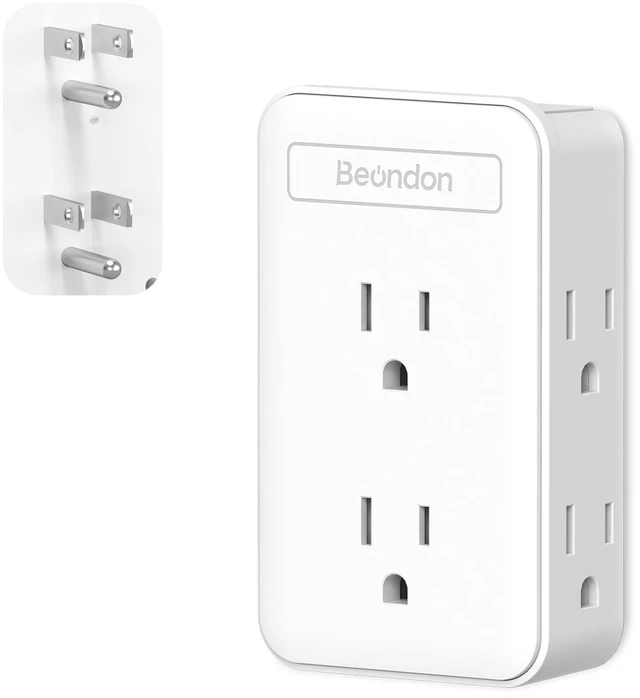 Main image of Wall Outlet Extender, 6 AC Outlets, 3-Sided Design, White Bedside, TV stand, desk setups, limited wall outlets, cord-free direct-to-wall setup for lamps, chargers and electronics