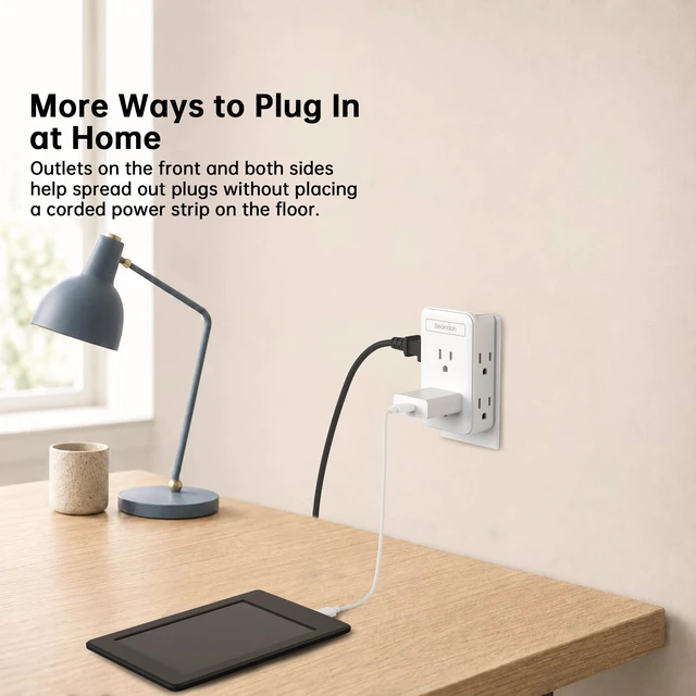 Alt view image 3 of 7 - Wall Outlet Extender, 6 AC Outlets, 3-Sided Design, White Bedside, TV stand, desk setups, limited wall outlets, cord-free direct-to-wall setup for lamps, chargers and electronics