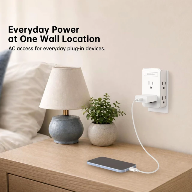 Alt view image 2 of 7 - Wall Outlet Extender, 6 AC Outlets, 3-Sided Design, White Bedside, TV stand, desk setups, limited wall outlets, cord-free direct-to-wall setup for lamps, chargers and electronics