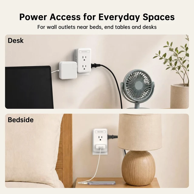 Alt view image 5 of 7 - Wall Outlet Extender, 6 AC Outlets, 3-Sided Design, White Bedside, TV stand, desk setups, limited wall outlets, cord-free direct-to-wall setup for lamps, chargers and electronics