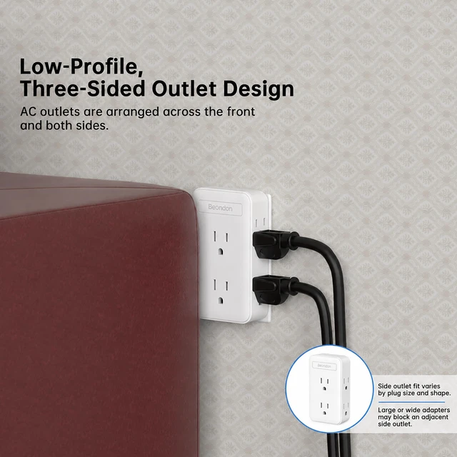 Alt view image 4 of 7 - Wall Outlet Extender, 6 AC Outlets, 3-Sided Design, White Bedside, TV stand, desk setups, limited wall outlets, cord-free direct-to-wall setup for lamps, chargers and electronics