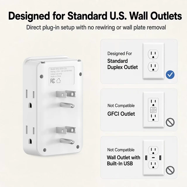 Alt view image 6 of 7 - Wall Outlet Extender, 6 AC Outlets, 3-Sided Design, White Bedside, TV stand, desk setups, limited wall outlets, cord-free direct-to-wall setup for lamps, chargers and electronics
