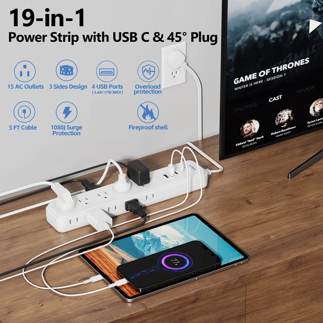 Alt view image 2 of 7 - Power Strip Surge Protector,15 Outlets 4 USB 2 USB-C,5Ft Flat Plug,White 15 AC Outlets,4 USB Ports 2 USB-C 2 USB-A,1080J Surge,Wall Mountable,5Ft Cord,16AWG,Overload Protection,3-Side Design