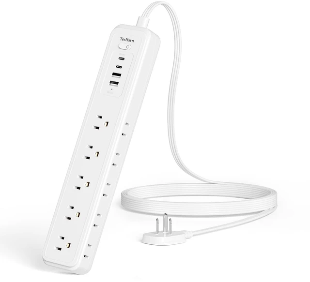 Main image of Power Strip Surge Protector,15 Outlets 4 USB 2 USB-C,5Ft Flat Plug,White 15 AC Outlets,4 USB Ports 2 USB-C 2 USB-A,1080J Surge,Wall Mountable,5Ft Cord,16AWG,Overload Protection,3-Side Design
