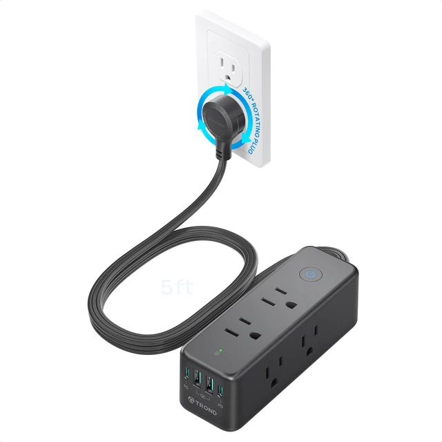 Main image of 360 Rotating Flat Plug Power Strip with USB-C PD20W, Black Extension Cord 5ft with 6 Widely Spaced Outlets, 1440J Surge Protector, Wall-Mountable Power Strip for Home Office Dorm