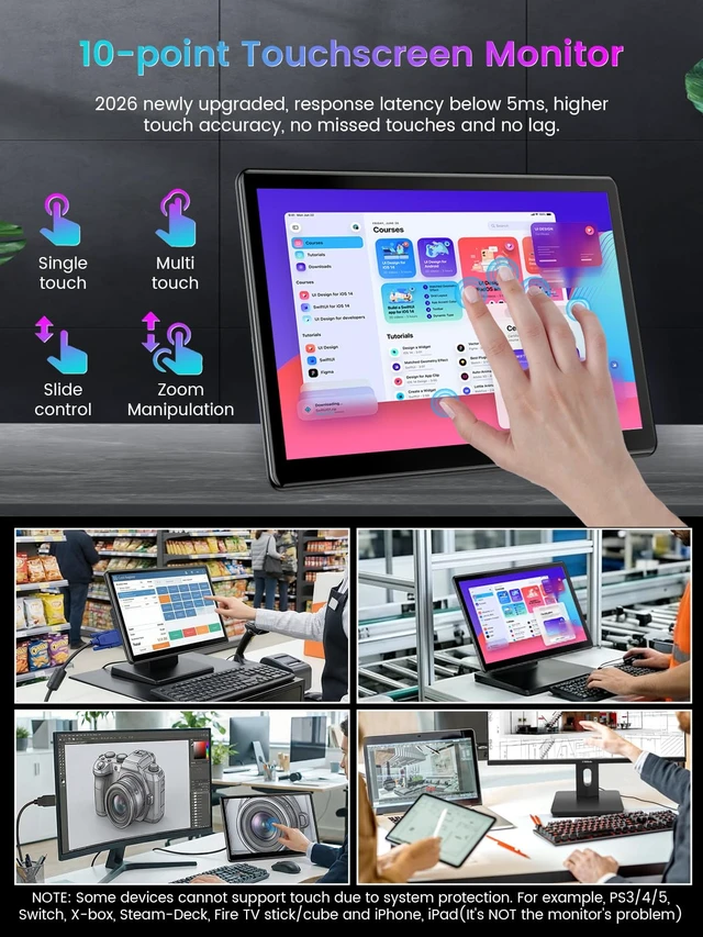 Alt view image 2 of 7 - 13.3'' Portable Touch Screen Monitor,HDMI VGA USB-B for PC MacBook (dark) 10-point touch,Quick response,Dual-Speaker,178°viewing angle,400nits,2000:1,VESA,72%NTSC,IPS,Phone PS Xbox
