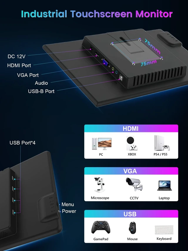 Alt view image 3 of 7 - 13.3'' Portable Touch Screen Monitor,HDMI VGA USB-B for PC MacBook (dark) 10-point touch,Quick response,Dual-Speaker,178°viewing angle,400nits,2000:1,VESA,72%NTSC,IPS,Phone PS Xbox