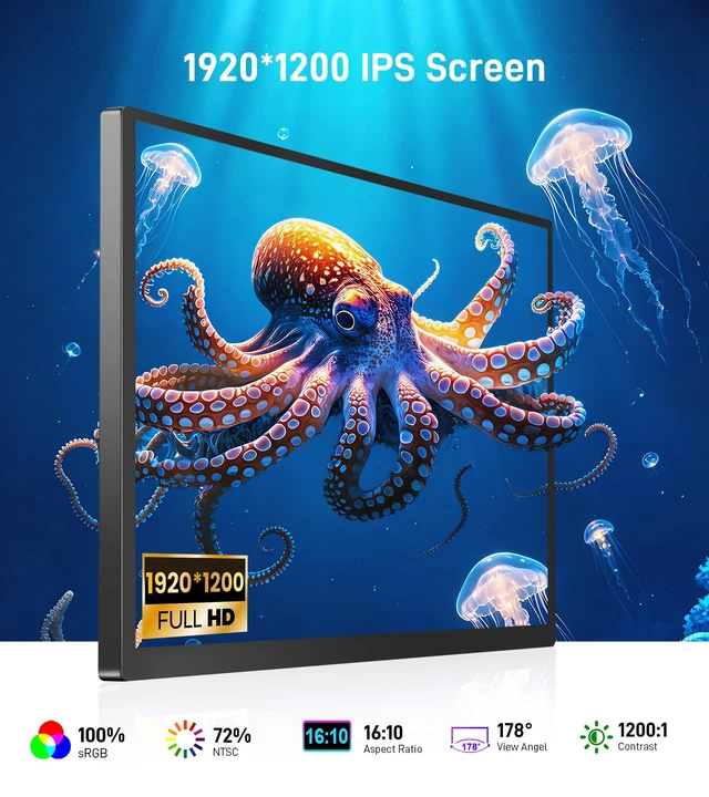 Alt view image 2 of 7 - 14" Touchscreen Monitor,VGA DVI and HDMI VESA for Industrial(Inky) 10-point touch,IPS 1920×1080,Dual Speakers,72%NTSC,2000:1,16:10,400 cd/m²,178° view angle