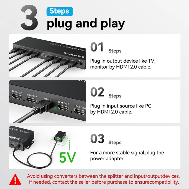 Alt view image 6 of 7 - 4K@60Hz HDMI 2.0 Splitter 1 in 8 Out, Mirror Only Not Extended Display, HDMI 2.0 Splitter, Support HDMI2.0, HDCP2.2, Auto Downscaling, Deep Color Mode at up to 36 bits, CEC