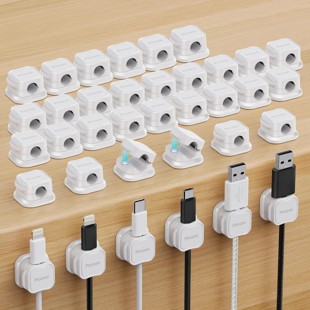 Main image of 36 Pack Magnetic Cable Clip Organizer Cord Holder, Adhesive Cable Management, Wire Phone USB Charger Cable Holder, Keeper Organizer for Office Home Desktop Table - White