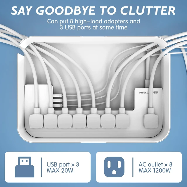 Alt view image 3 of 7 - Power Strips with Cable Management Box, Surge Protector, White Cord Organizer with 8 Outlets 3 USB Ports Switch Control, 6.6 ft Plug Extension Cord, Charging Station for Dorm, Office, Home